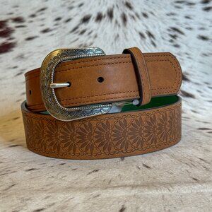 NEW Womens / Ladies Embossed Floral Western Leather Belt + Buckle (Medium)